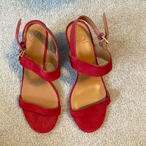 Brown and red heels from Tory Burch